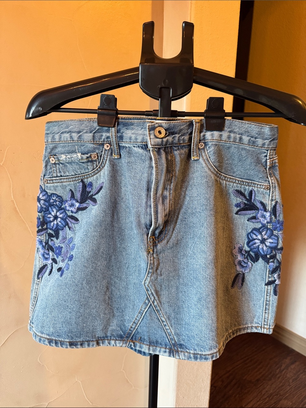 Umgee Light Blue Denim Mini Skirt with Blue Floral Embroidery